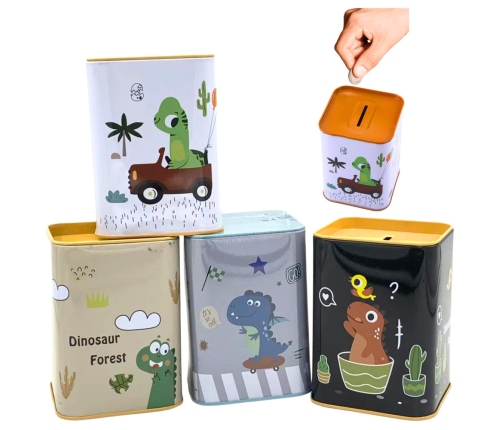 Piggy bank Dinosaur in the car Learning to save Metal White 11x8cm