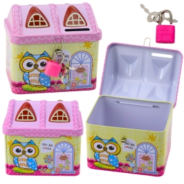 Piggy Bank Metal Owl House Padlock Keys Pink