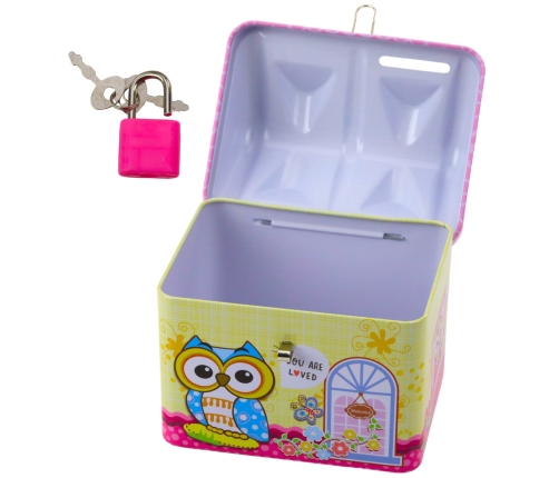 Piggy Bank Metal Owl House Padlock Keys Pink