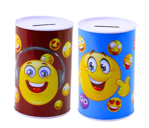 Metal Piggy Bank Emoticons Blue Brown 13 x 8cm