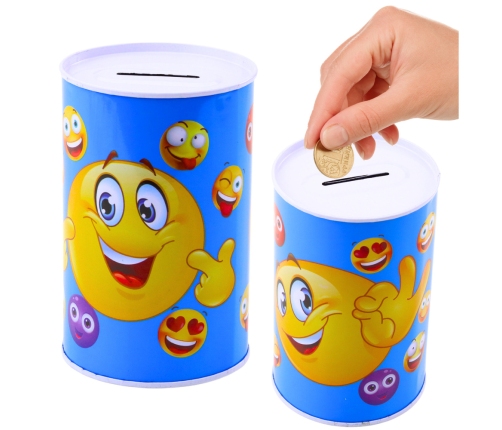 Metal Piggy Bank Emoticons Blue Brown 13 x 8cm