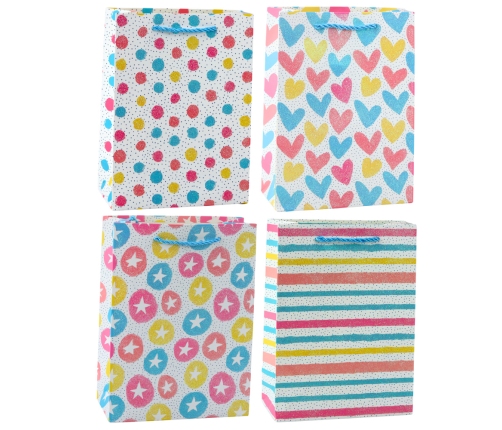 Gift Bag Hearts Stars Dots Stripes Colored 23 x 18 x 10.5 cm