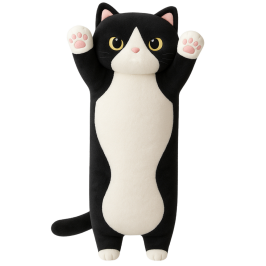 Plush Cat Mascot Pillow Oblong Roller White Black 70cm