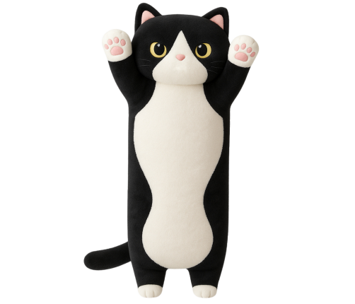 Plush Cat Mascot Pillow Oblong Roller White Black 70cm
