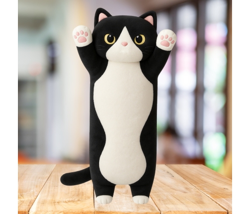 Plush Cat Mascot Pillow Oblong Roller White Black 70cm