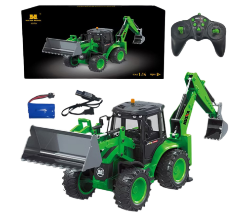 Remote Control Backhoe Loader RC Lights Sound Green Huina 1:14