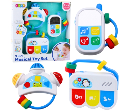 Set of musical toys for toddlers. Telephone, tambourine, keys, sounds, 3 pcs.