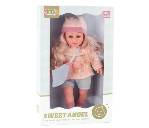 Sweet Angel Doll in a Woolen Sweater with a Mushroom, Bag, and Hat, 36cm