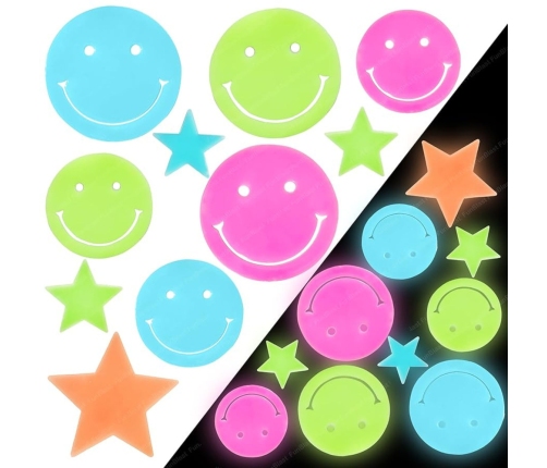 Fluorescent Luminous Wall Stickers Smiley Faces Stars Colorful 10 pcs.