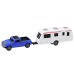 Set of Metal Car with Camper Trailer Blue