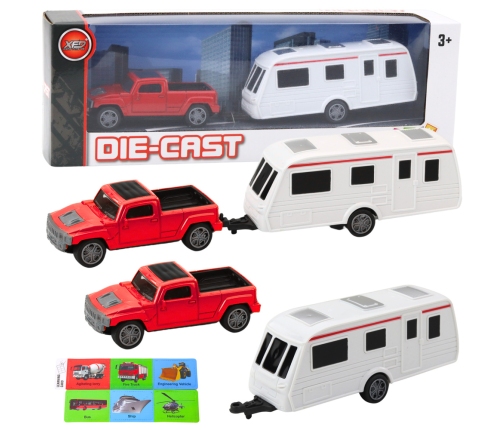 Set of Metal Car with Camper Trailer Red