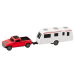 Set of Metal Car with Camper Trailer Red