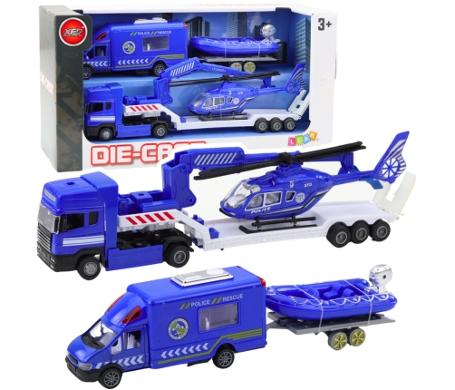 Police Rescue Car Boat Truck Helicopter Blue Set
