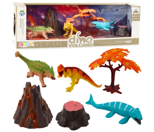 Set of Realistic Dinosaurs Volcano Tree Figurines 6pcs