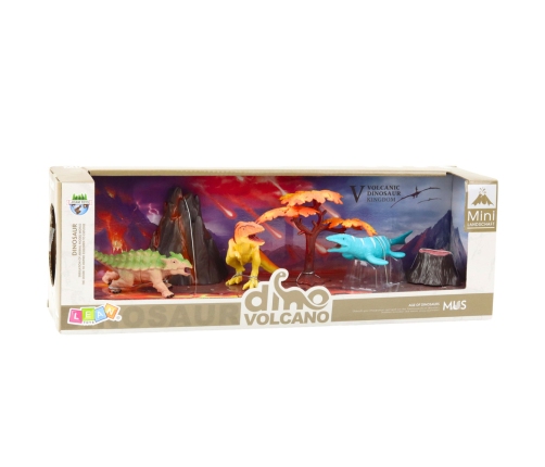 Set of Realistic Dinosaurs Volcano Tree Figurines 6pcs