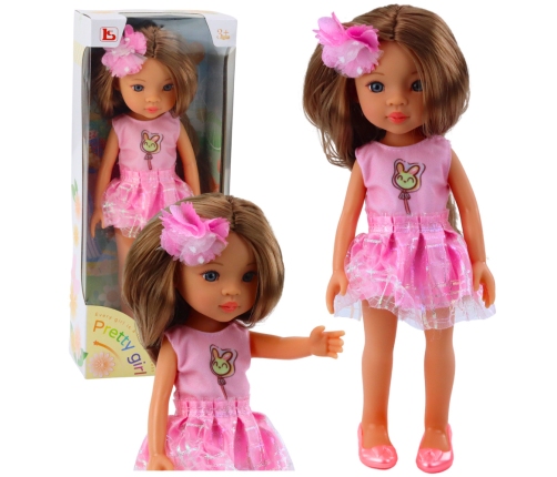 Doll In Pink Dress Long Brown Hair Hairpin Flower