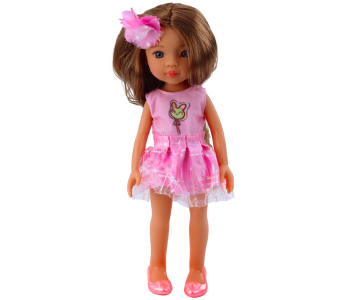 Doll In Pink Dress Long Brown Hair Hairpin Flower