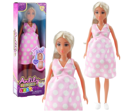 Anlily Pregnant Doll Light Pink Polka Dot Dress Long Hair