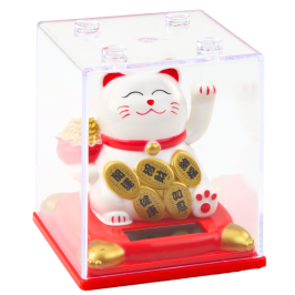 Chinese Lucky Cat In Display Case Solar Figurine Ornament White