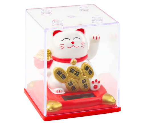 Chinese Lucky Cat In Display Case Solar Figurine Ornament White