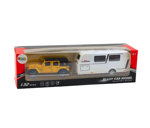 Set of Off-road Vehicles with Camper, Metal, Drive, Lights, Sounds, Yellow, 1:32