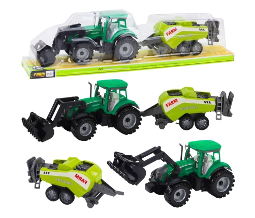 Set of tractor with loader and agricultural baler Green