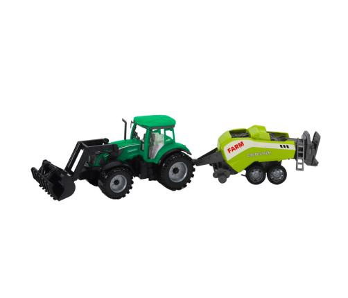 Set of tractor with loader and agricultural baler Green