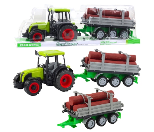 Green Agricultural Tractor with Trailer for Logs