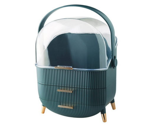 Cosmetics Organizer Opening Lid Transparent Two Drawers Green