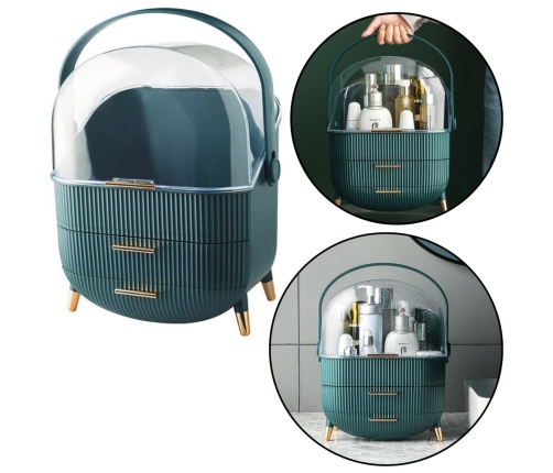 Cosmetics Organizer Opening Lid Transparent Two Drawers Green