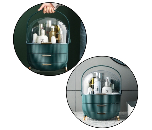 Cosmetics Organizer Opening Lid Transparent Two Drawers Green