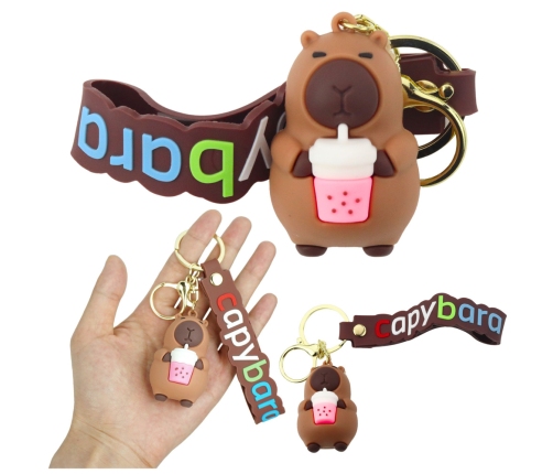 Keychain Capybara Figurine With Cup Pendant Carabiner Ring