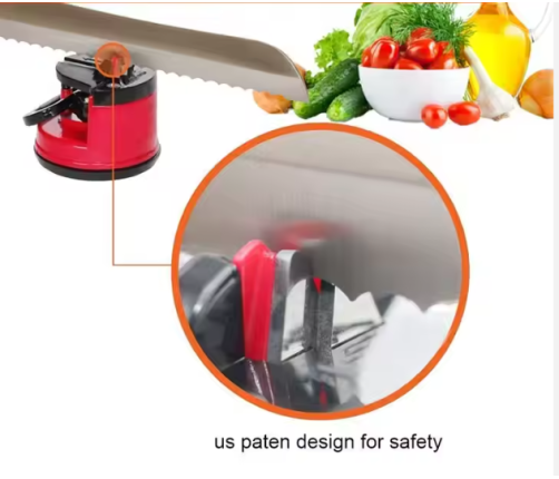 Knife and Scissor Sharpener with Suction Cup and Locking Lever Red