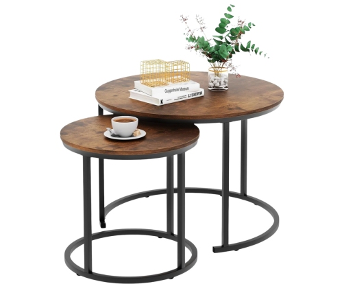 Set of 2-in-1 Round Coffee Tables Vintage Natural Wood 70x50cm 45x44cm