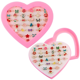 Set of Children's Rings Adjustable Various Heart Patterns 36 pcs.