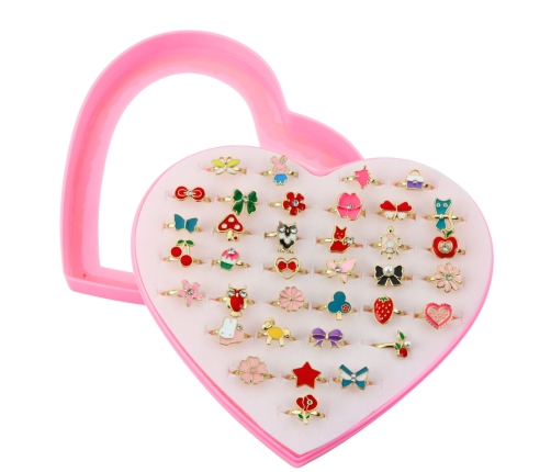 Set of Children's Rings Adjustable Various Heart Patterns 36 pcs.