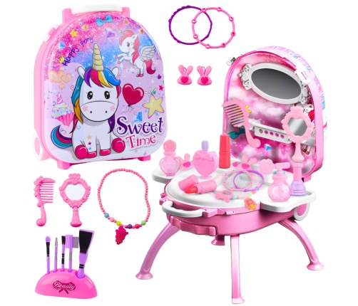 Beauty Set Dressing Table in a Suitcase 2 in 1 Accessories Unicorn Pink
