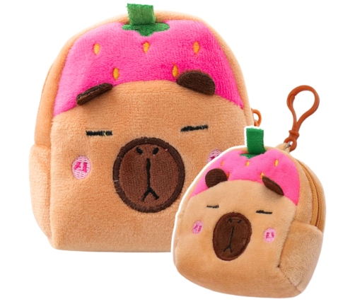 Plush Wallet with Keychain Capybara Strawberry Pink 9.5 x 8 cm