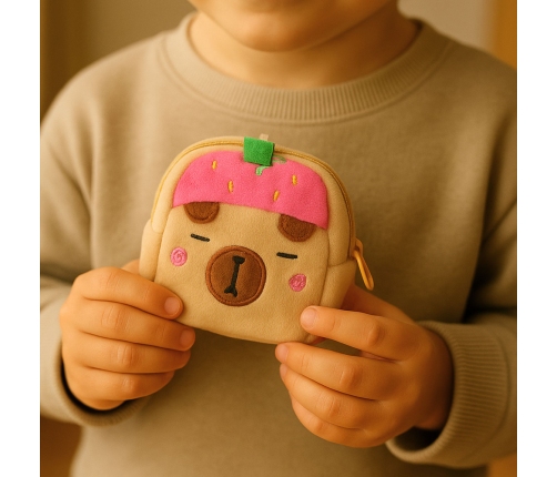 Plush Wallet with Keychain Capybara Strawberry Pink 9.5 x 8 cm