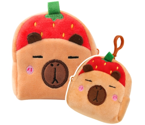 Plush Wallet with Keychain Capybara Strawberry Red 9.5 x 8 cm