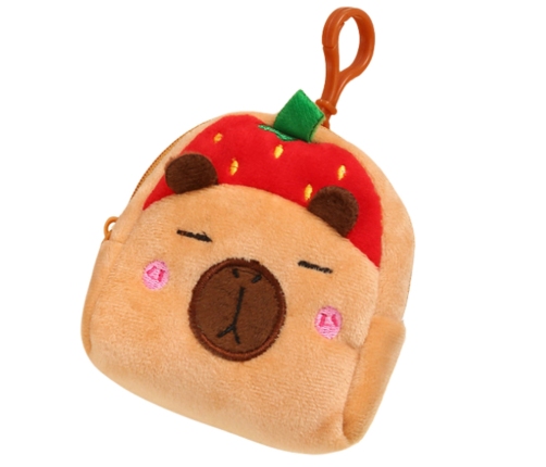 Plush Wallet with Keychain Capybara Strawberry Red 9.5 x 8 cm