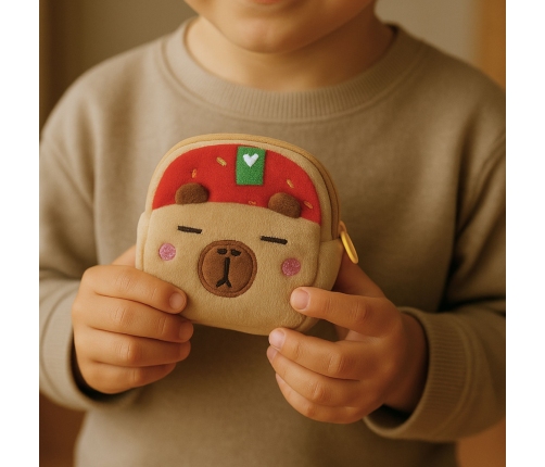 Plush Wallet with Keychain Capybara Strawberry Red 9.5 x 8 cm