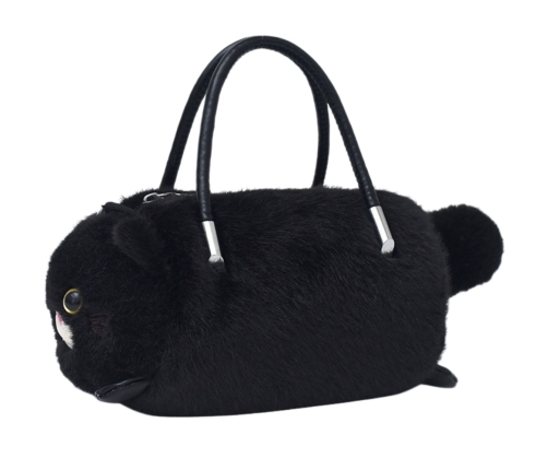 Plush Cat-Shaped Handbag with Chain Handles, Black