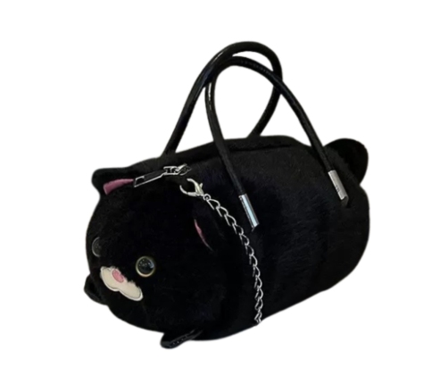 Plush Cat-Shaped Handbag with Chain Handles, Black