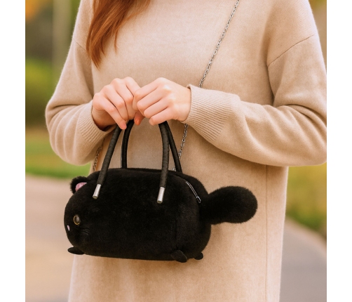 Plush Cat-Shaped Handbag with Chain Handles, Black