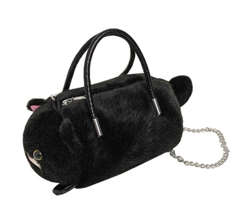 Plush Cat-Shaped Handbag with Chain Handles, Black