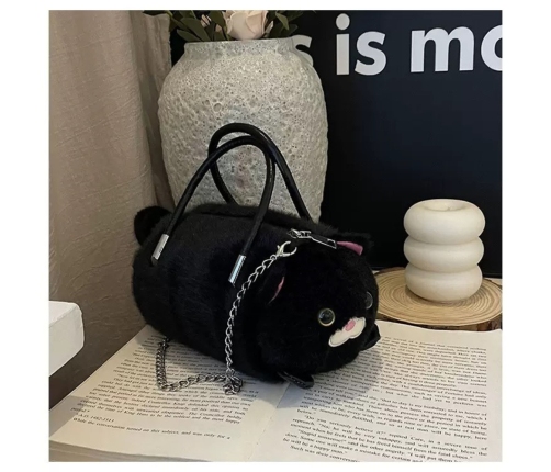 Plush Cat-Shaped Handbag with Chain Handles, Black