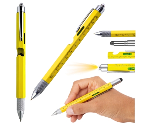 8-in-1 Multifunctional Pen Spirit Level LED Flashlight Screwdriver Yellow