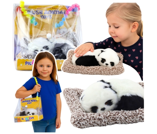 Sleeping Panda on a Pillow Figurine with Fur and Transparent Bag