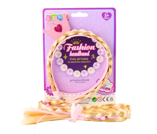 Headband with Long Braid Pink Ribbon Diamonds Crown 50 cm